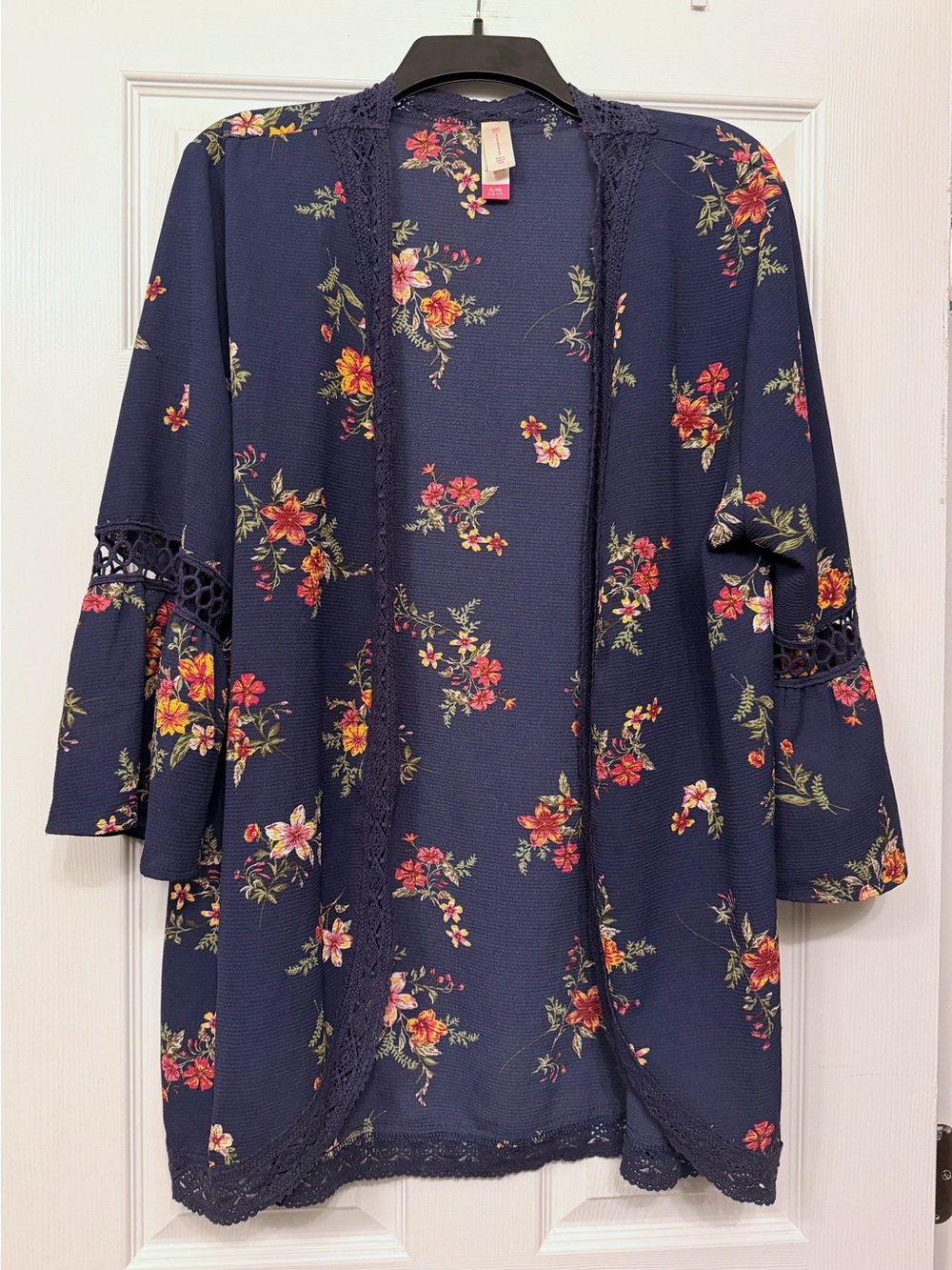 No Boundaries Navy Floral Lace-Trim Open Kimono